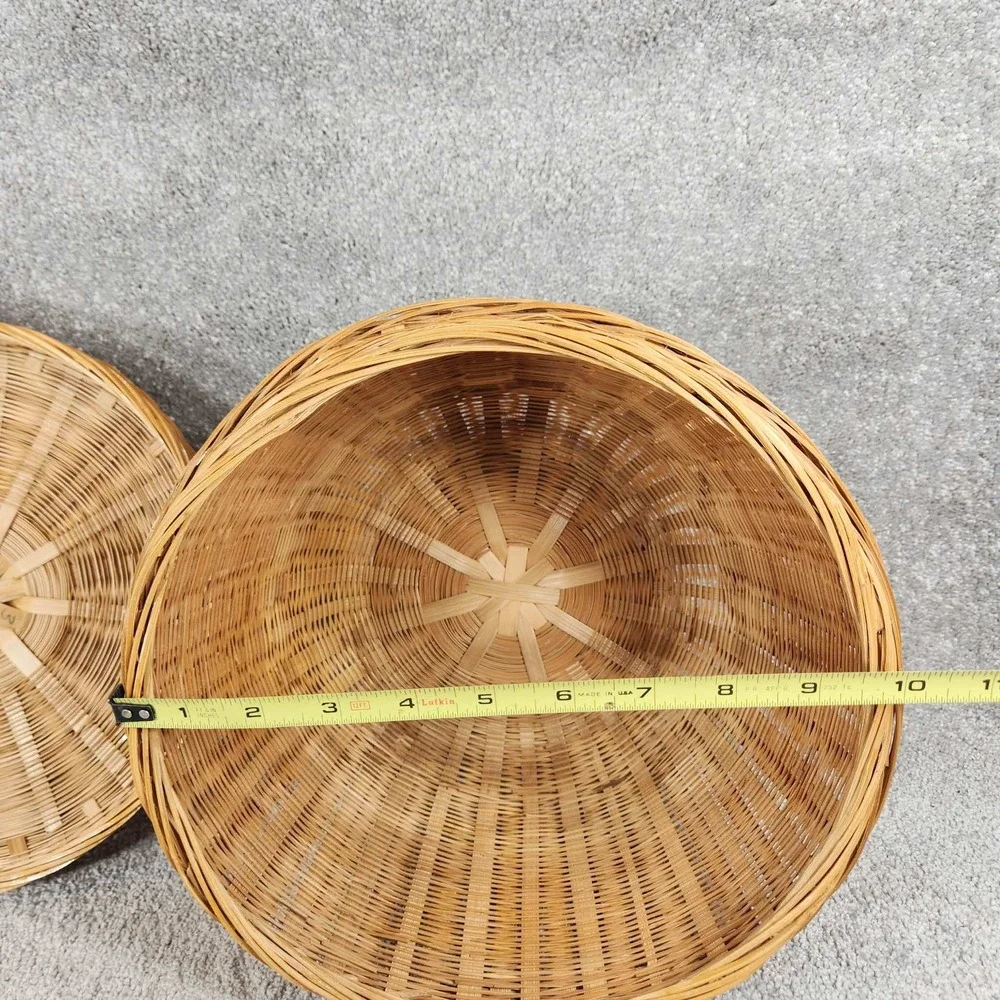 Woven Bamboo Basket Natural Tan Lidded Round Boho Storage Decor